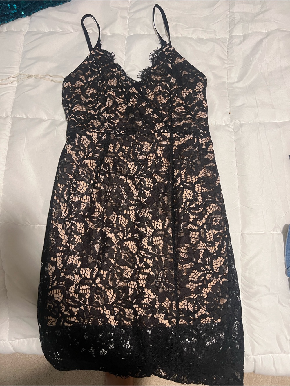 Fashion Nova Black Lace Midi Dress with Nude Lining